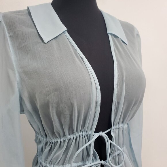 Abercrombie Fitch Women Sheer Coquette Tie Front Top Size XS Blue Fairy Ethereal - Picture 2 of 9